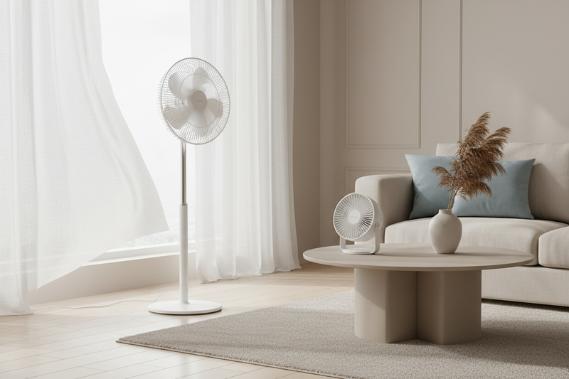 Moderner Stand- und Tischventilator in einem hellen Wohnambiente