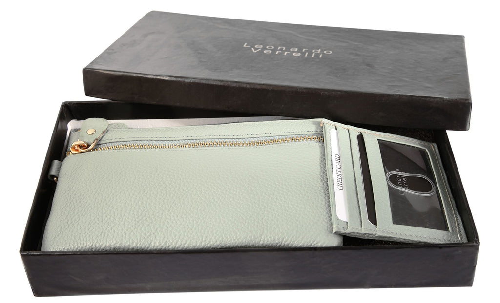 Leonardo Verrelli Damen-Geschenkset Echtleder Blau/Mint – Tasche & Kartenmäppchen