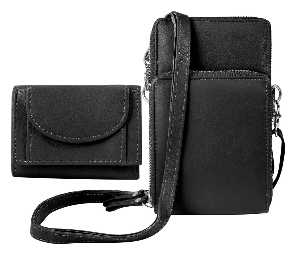 Akzent Handytasche Echtleder, Crossbody mit Minigeldbörse, rosa, schwarz