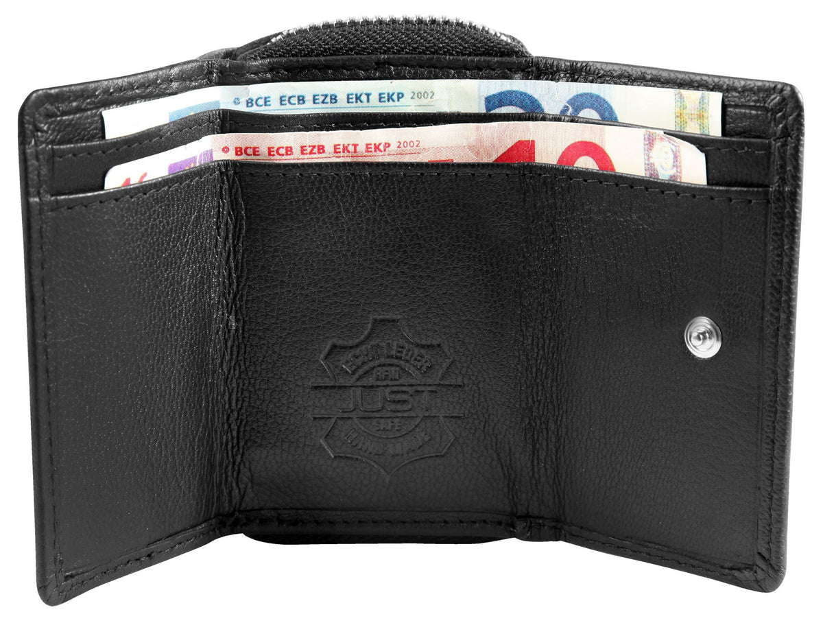 JUST Echt Leder Mini Geldbörse RFID inkl. Box – Schwarz, Rot & Grau