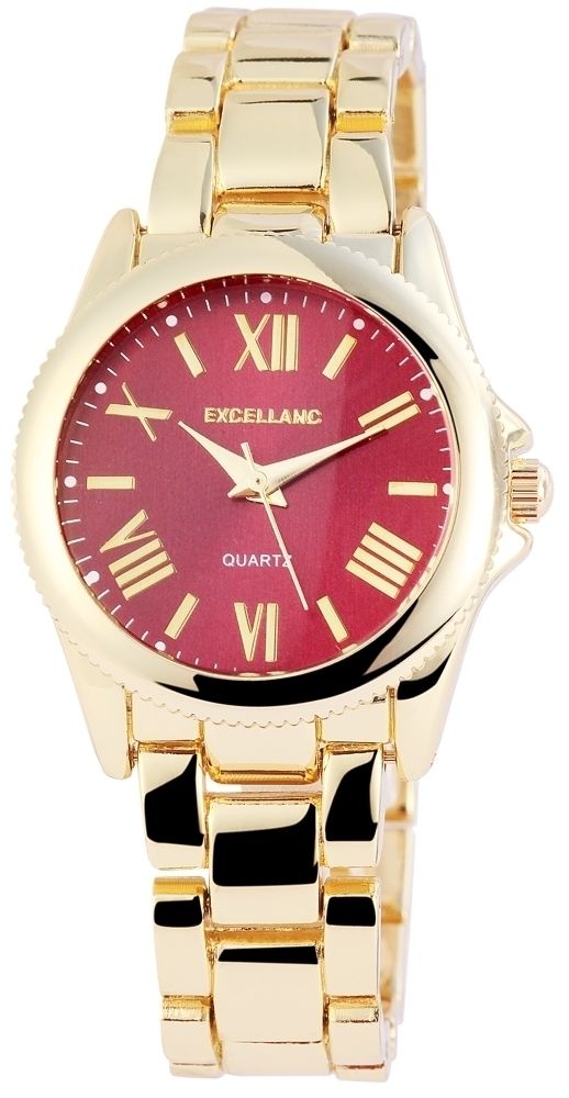 Excellanc Damenuhr mit Metallarmband – goldfarbig mit rotem Zifferblatt