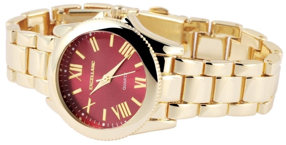 Excellanc Damenuhr mit Metallarmband – goldfarbig mit rotem Zifferblatt
