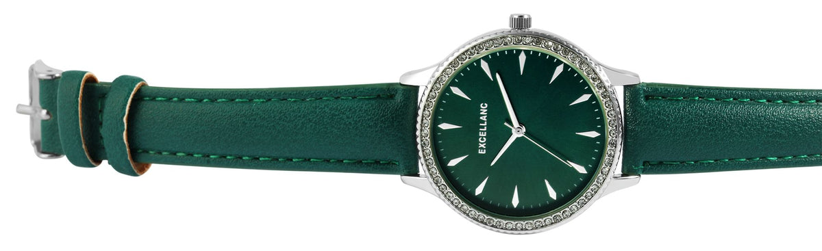 Damenuhr EX0370 | Excellanc | Grünes Lederimitatarmband | Strass-Lünette