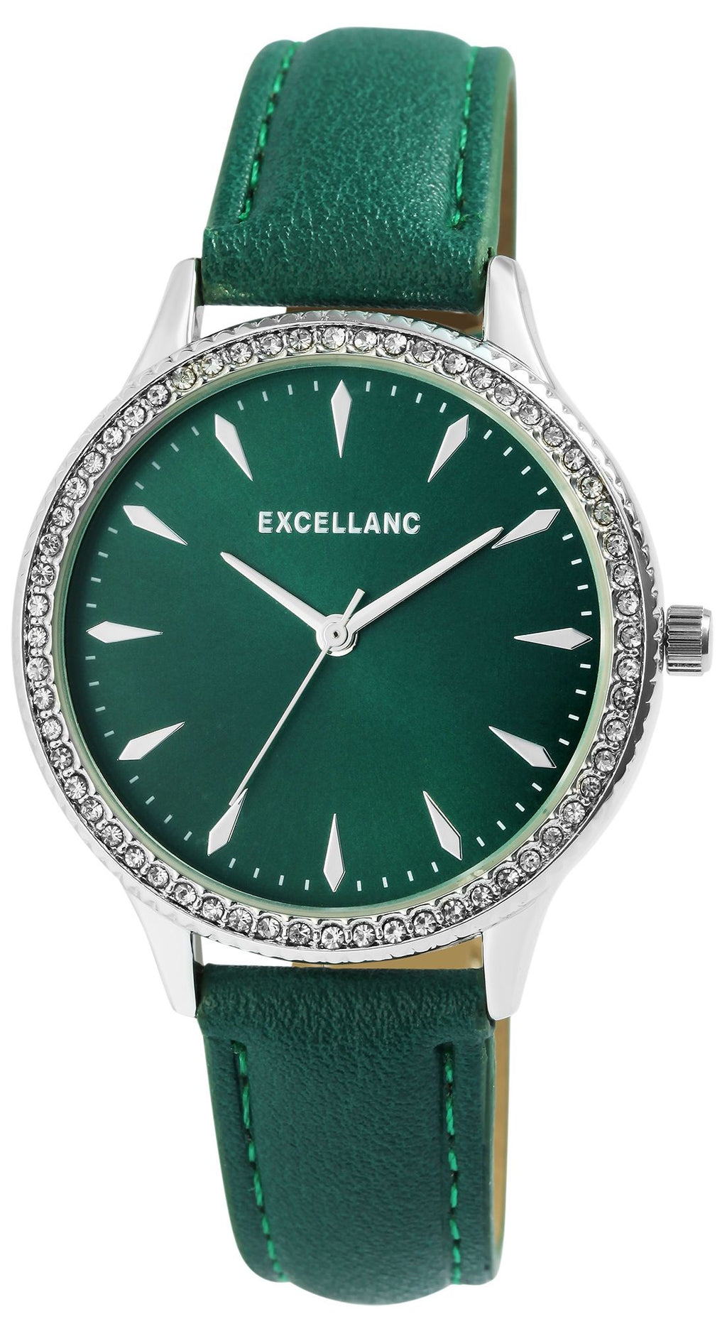 Damenuhr EX0370 | Excellanc | Grünes Lederimitatarmband | Strass-Lünette