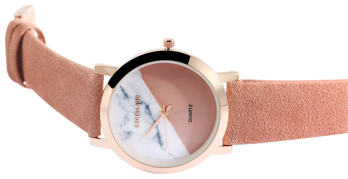 Excellanc Damenuhr Rosa | Lederimitatarmband | Roségold | Quarzwerk