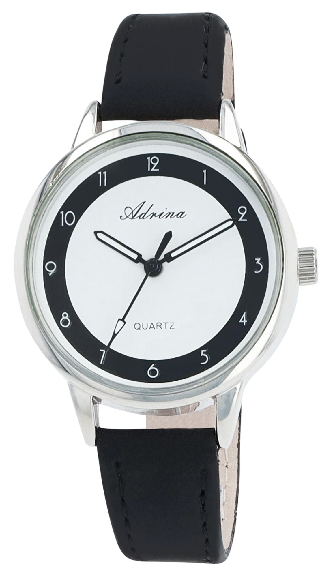 Adrina Damenuhr Schwarz – Lederimitat, Arabische Ziffern, Ø 34 mm