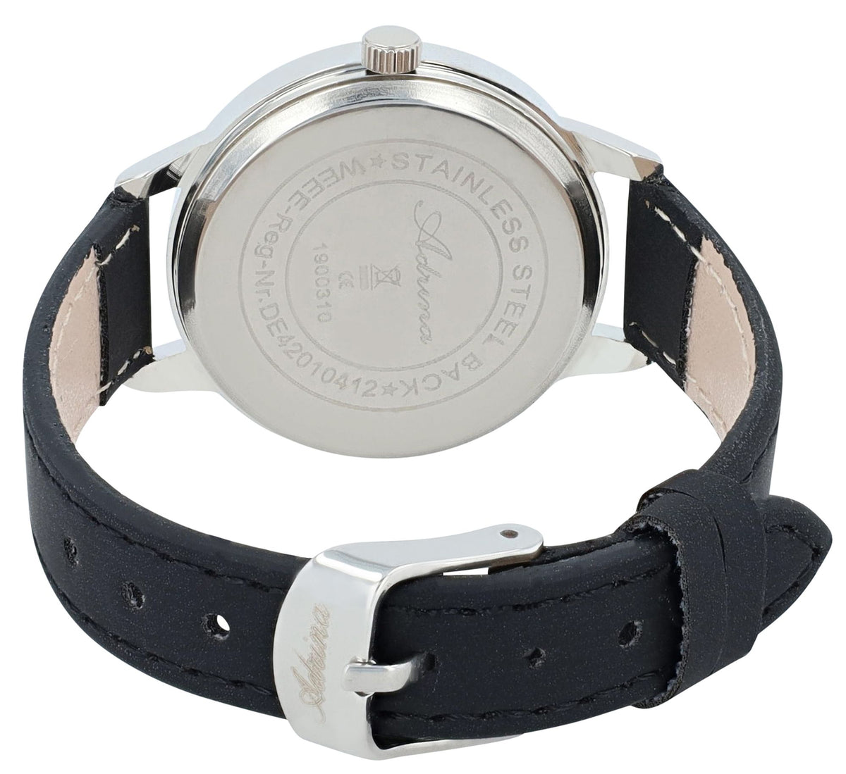 Adrina Damenuhr Schwarz – Lederimitat, Arabische Ziffern, Ø 34 mm