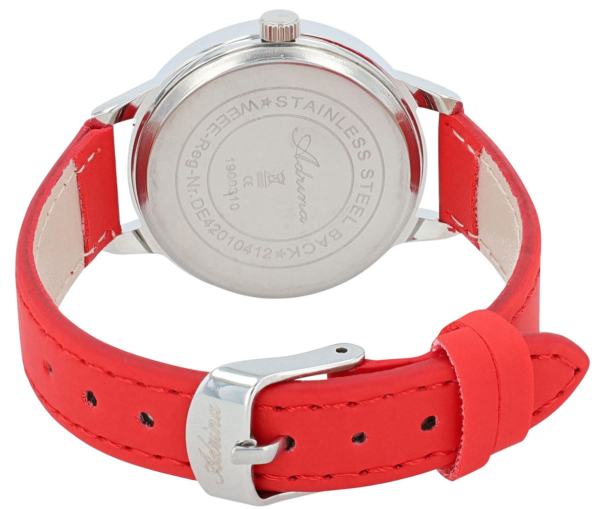 Adrina Damenuhr Schwarz – Lederimitat, Arabische Ziffern, Ø 34 mm
