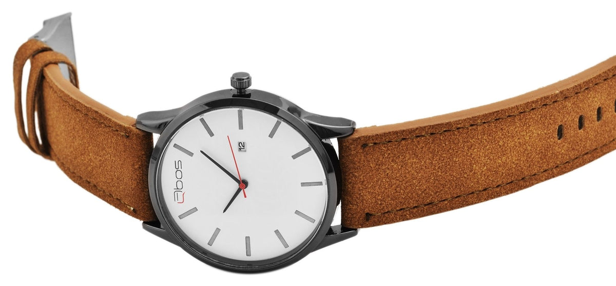 QBOS Herrenuhr QB0038 – Klassisches Lederimitatband Braun