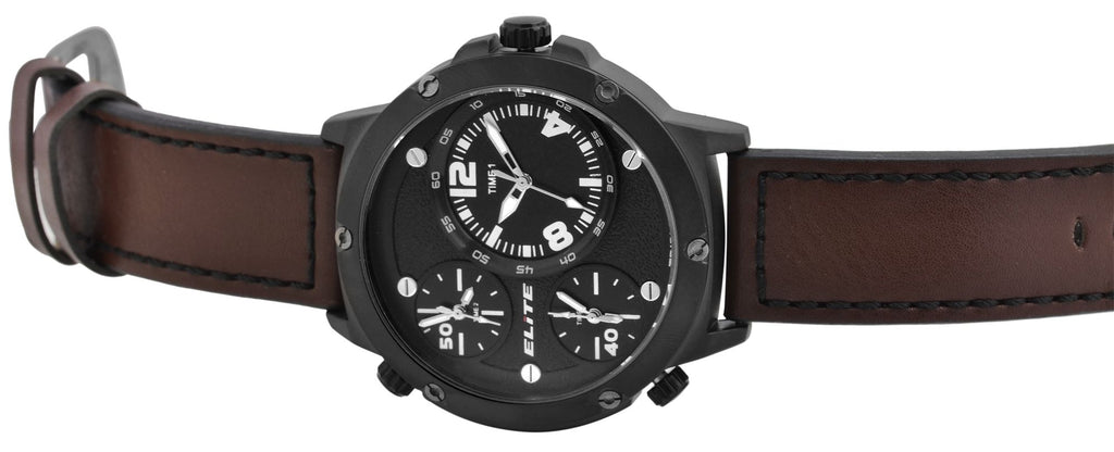 Elite Herren-Uhr EL0002 – Schwarzes Gehäuse, Braunes Lederband