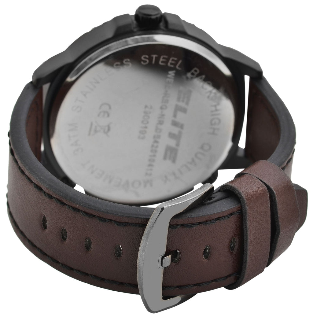 Elite Herren-Uhr EL0002 – Schwarzes Gehäuse, Braunes Lederband