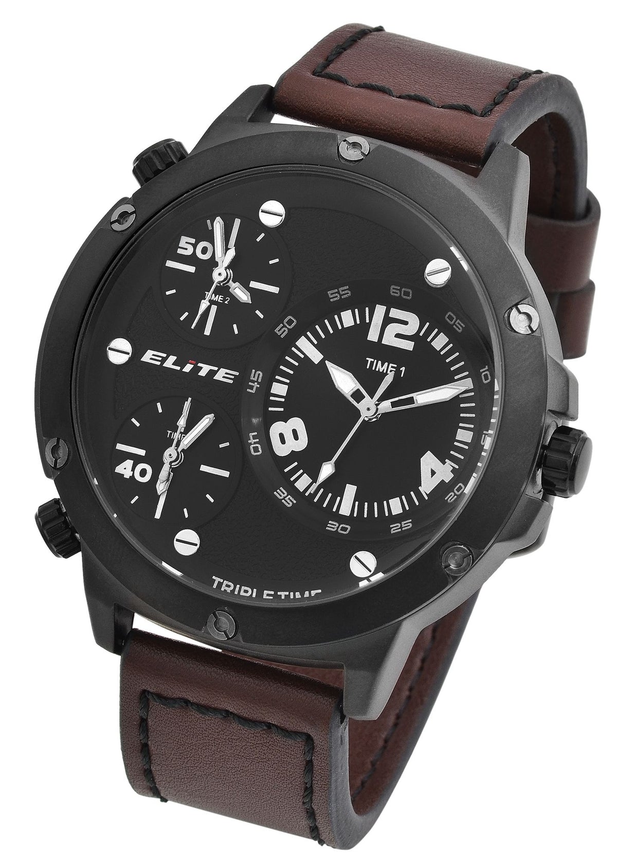 Elite Herren-Uhr EL0002 – Schwarzes Gehäuse, Braunes Lederband