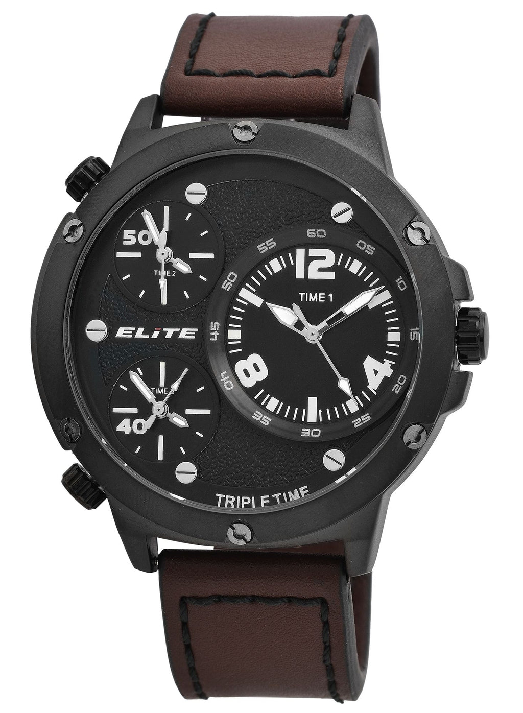 Elite Herren-Uhr EL0002 – Schwarzes Gehäuse, Braunes Lederband