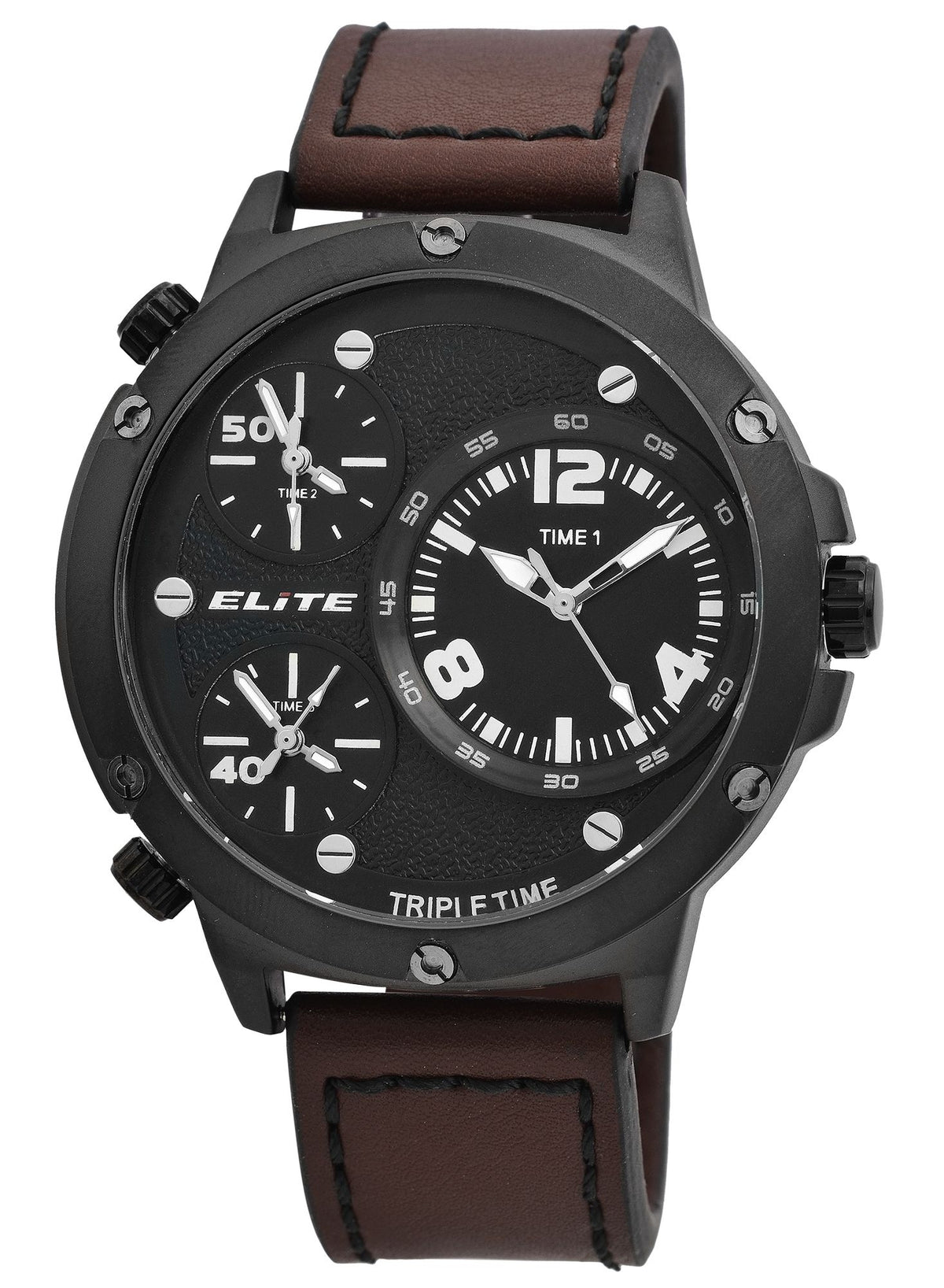 Elite Herren-Uhr EL0002 – Schwarzes Gehäuse, Braunes Lederband
