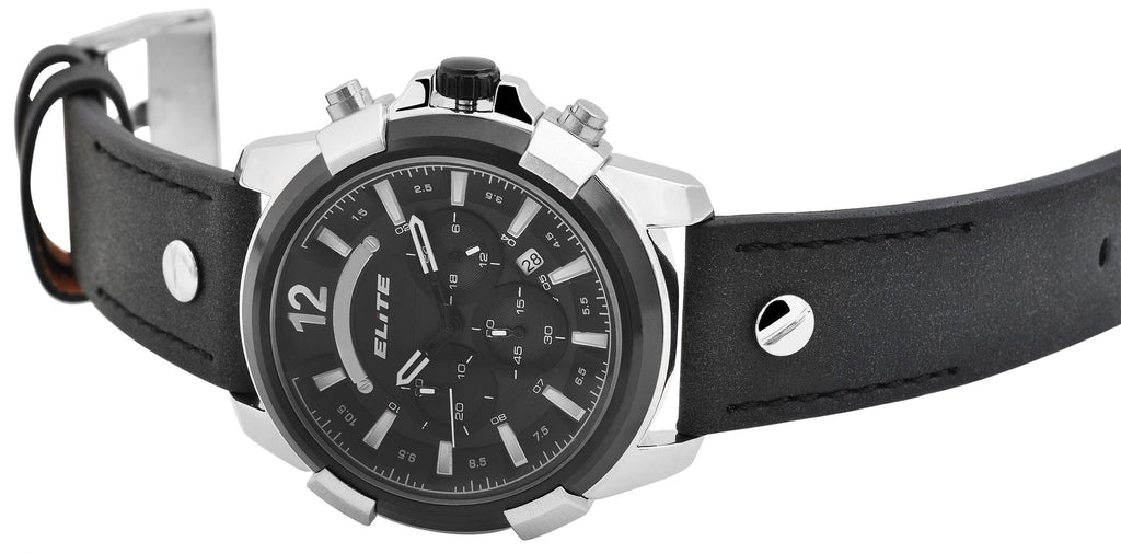 Elite Herren-Uhr EL0005 – Silbernes Gehäuse, Schwarzes Lederband