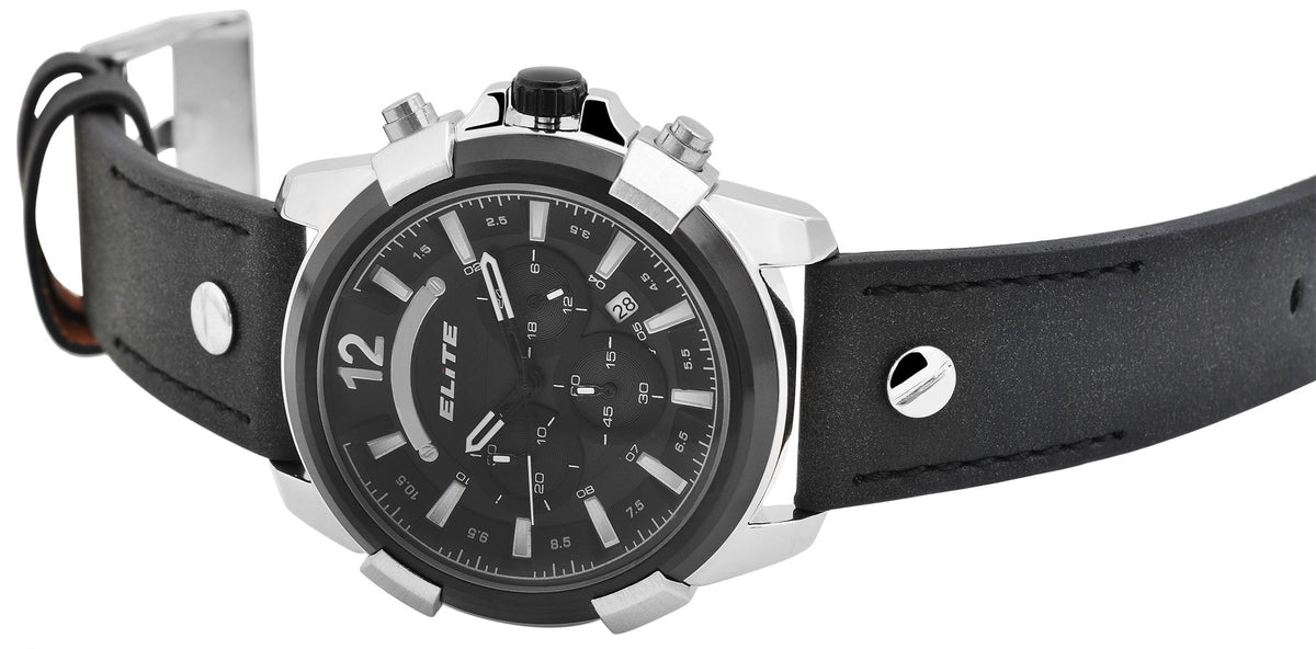 Elite Herren-Uhr EL0005 – Silbernes Gehäuse, Schwarzes Lederband