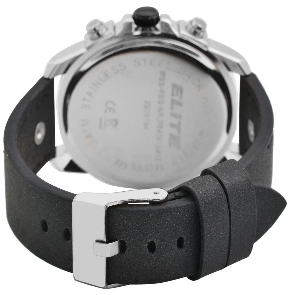 Elite Herren-Uhr EL0005 – Silbernes Gehäuse, Schwarzes Lederband