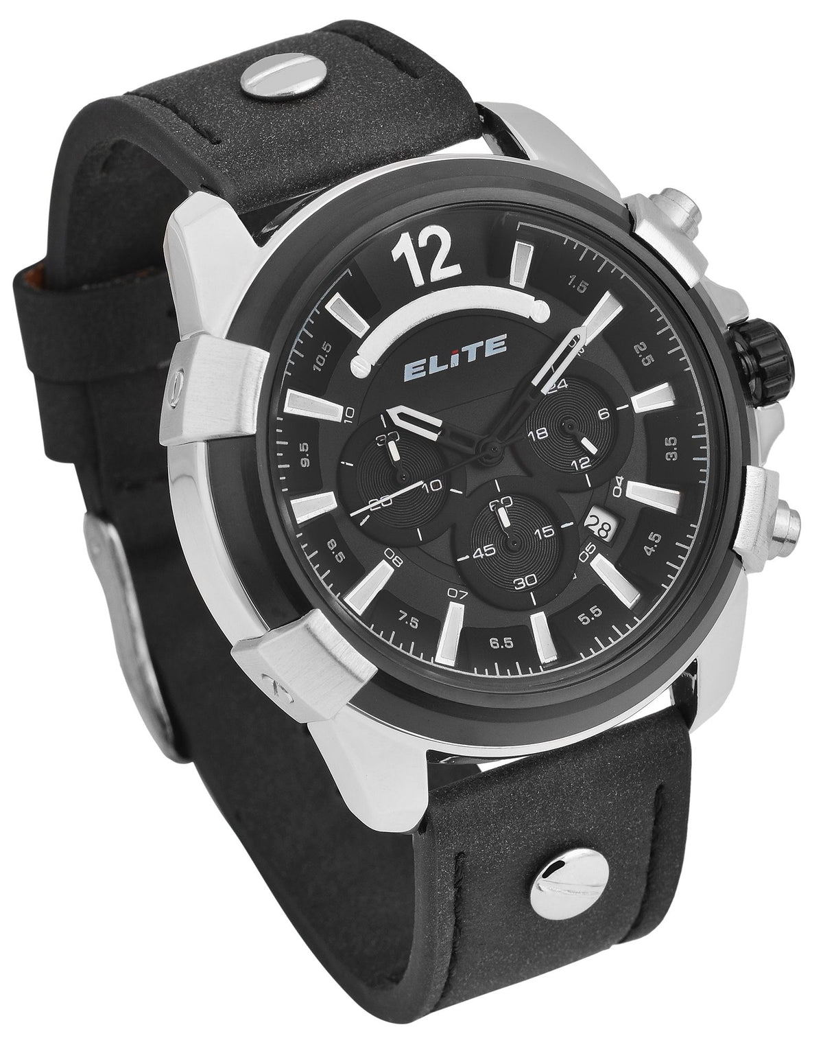 Elite Herren-Uhr EL0005 – Silbernes Gehäuse, Schwarzes Lederband
