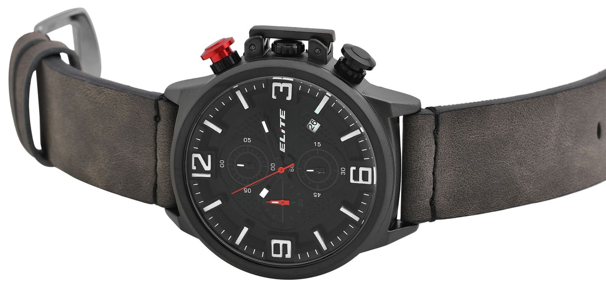 Elite Herren-Chronograph – Schwarz, Lederimitationsband, 3ATM