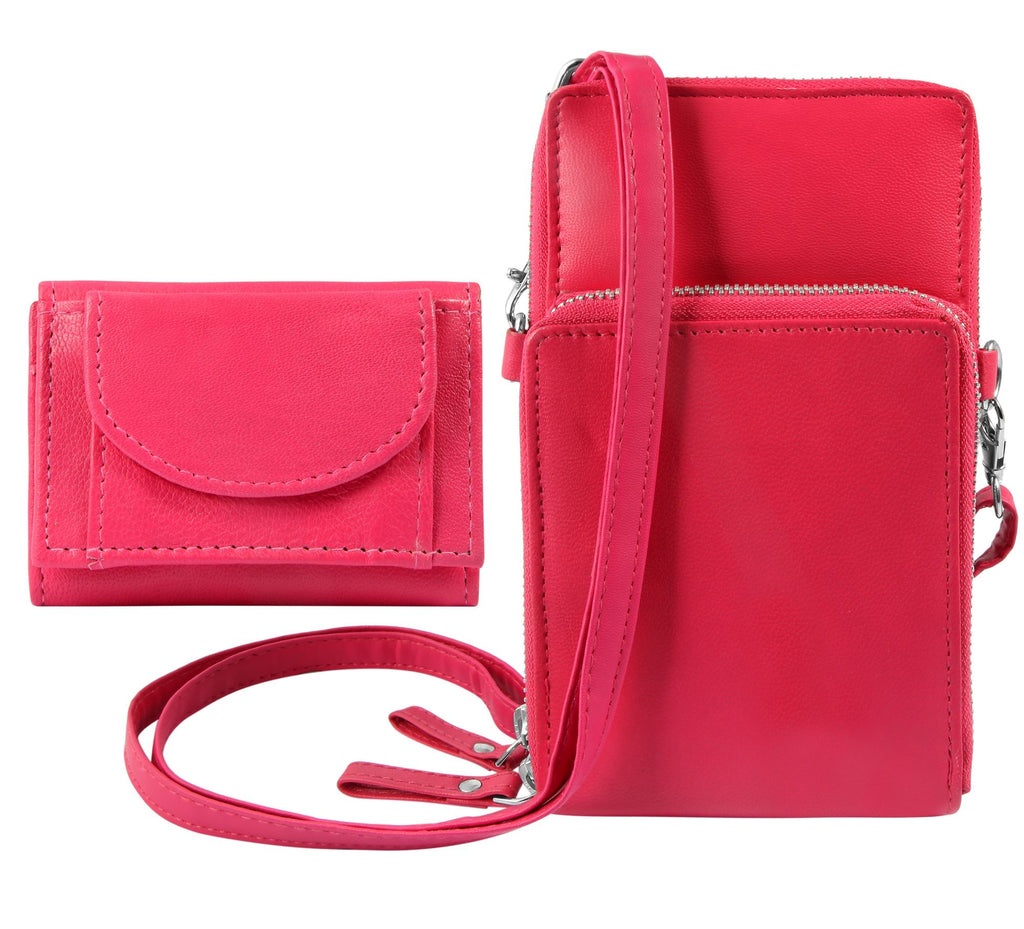 Akzent Handytasche Echtleder, Crossbody mit Minigeldbörse, rosa, schwarz