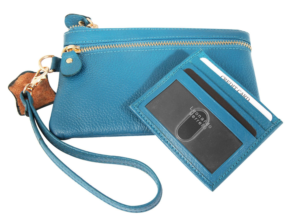Leonardo Verrelli Damen-Geschenkset Echtleder Blau/Mint – Tasche & Kartenmäppchen