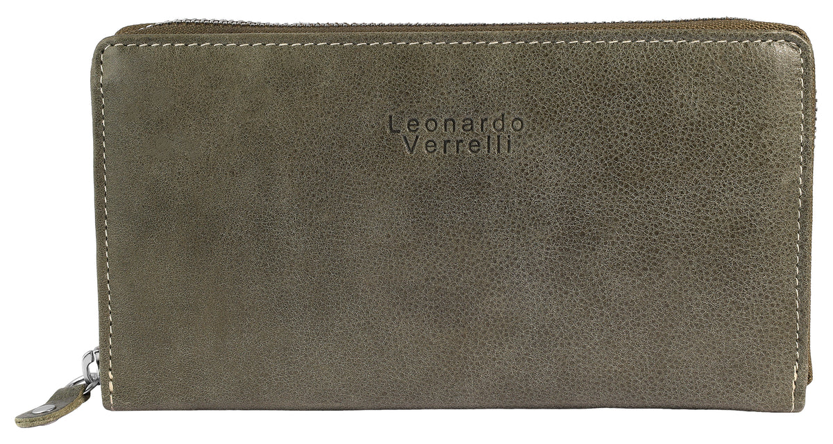 Leonardo Verrelli Echtleder Geldbörse Stone-Wash Querformat Olivegrün