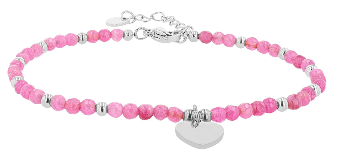 Edelstahl-Armband mit Herzanhänger & Kunststoffperlen | Silber-Pink | Akzent