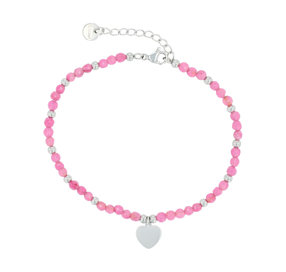 Edelstahl-Armband mit Herzanhänger & Kunststoffperlen | Silber-Pink | Akzent