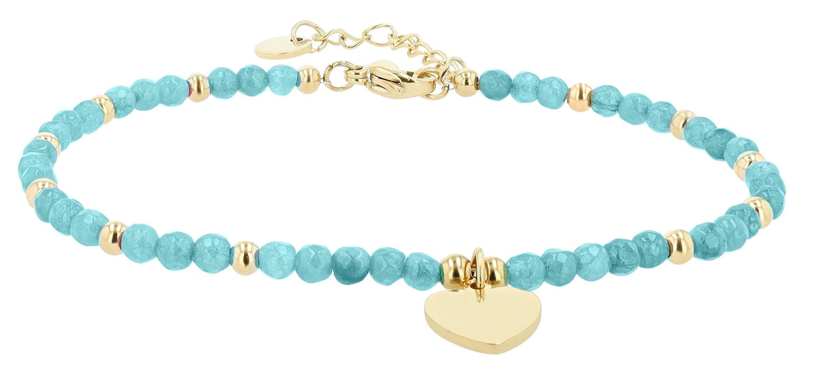 Edelstahl-Armband mit Herzanhänger & Kunststoffperlen | Gold-Hellblau | Akzent