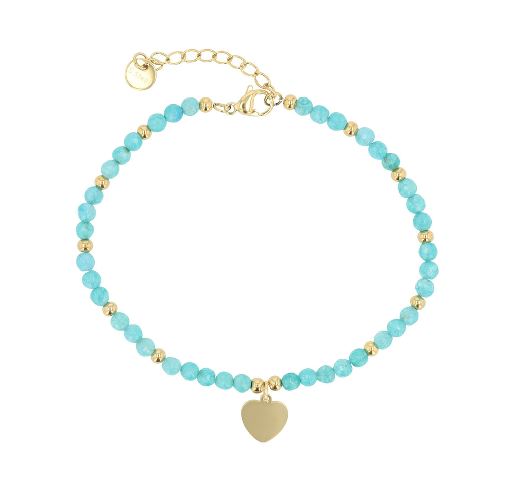 Edelstahl-Armband mit Herzanhänger & Kunststoffperlen | Gold-Hellblau | Akzent