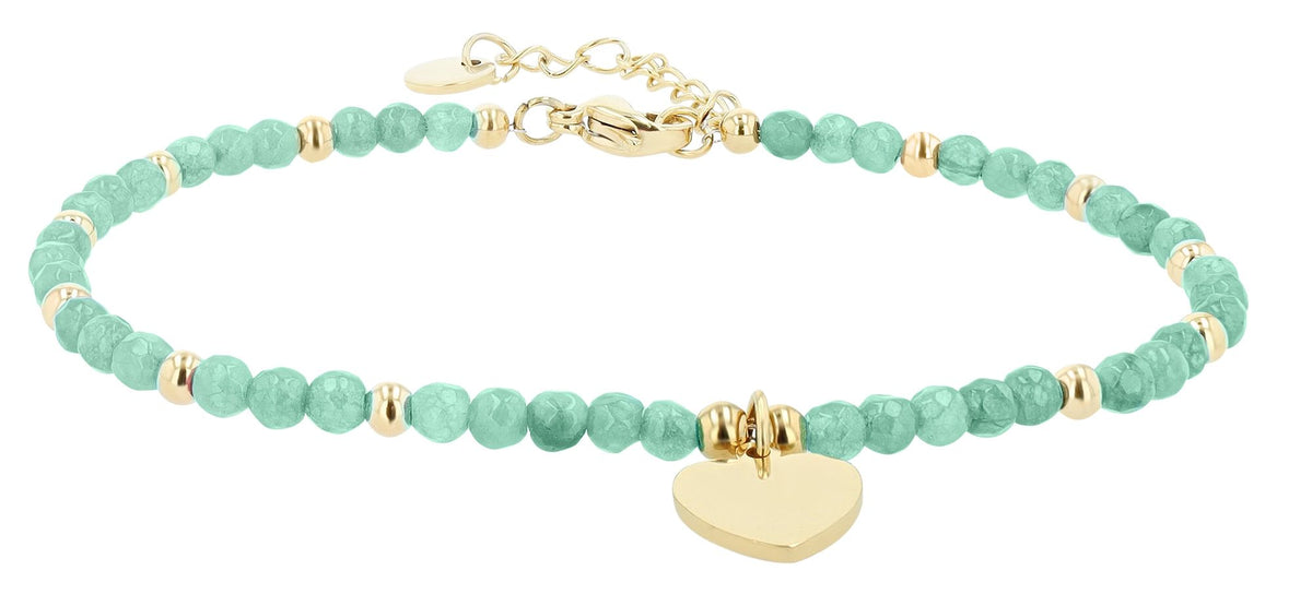 Edelstahl-Armband mit Herzanhänger & Kunststoffperlen | Gold-Grün | Akzent