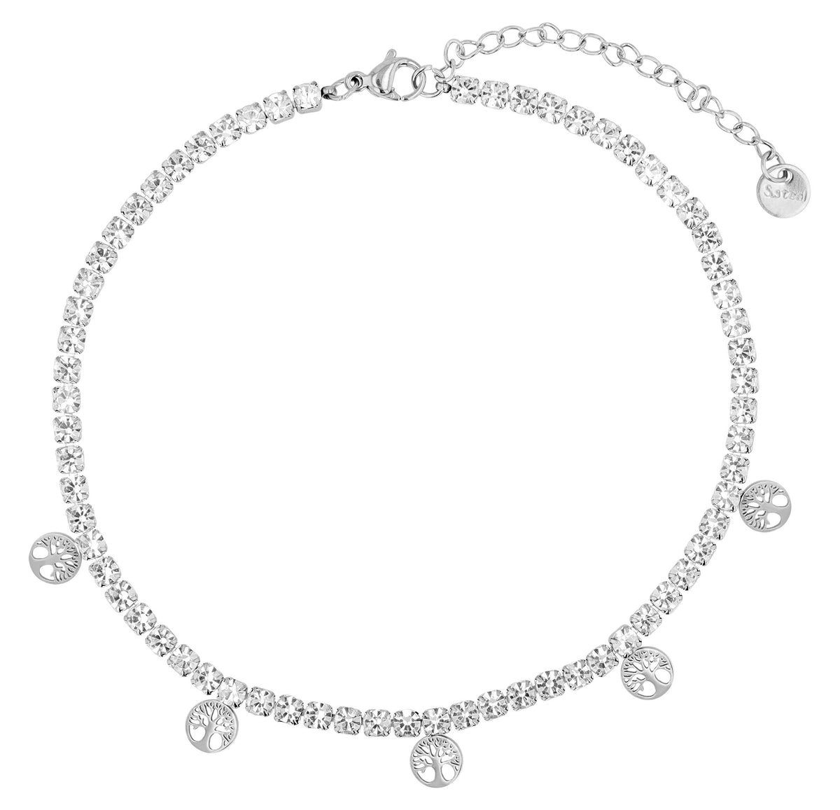 "Fidelia" Tennis-Fußkette, Edelstahl & Simili, Lebensbaum-Anhänger, 24 + 5 cm, silberfarben