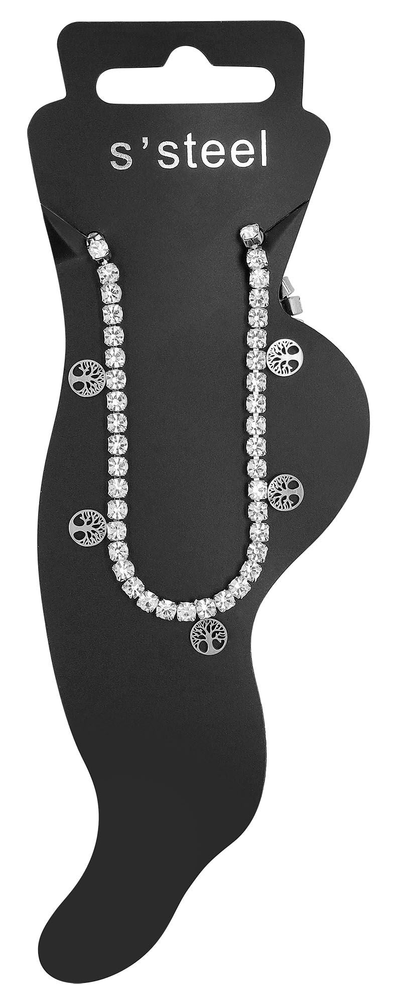 "Fidelia" Tennis-Fußkette, Edelstahl & Simili, Lebensbaum-Anhänger, 24 + 5 cm, silberfarben