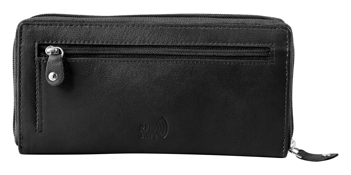 Elegante Damengeldbörse aus Echtleder mit RFID-Schutz, Schwarz – Akzent