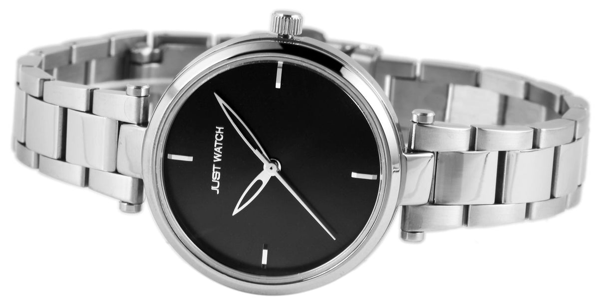 Just Watch Damenuhr | Edelstahl-Gliederarmband | Silber | Schwarzes Zifferblatt | Ø 33 mm