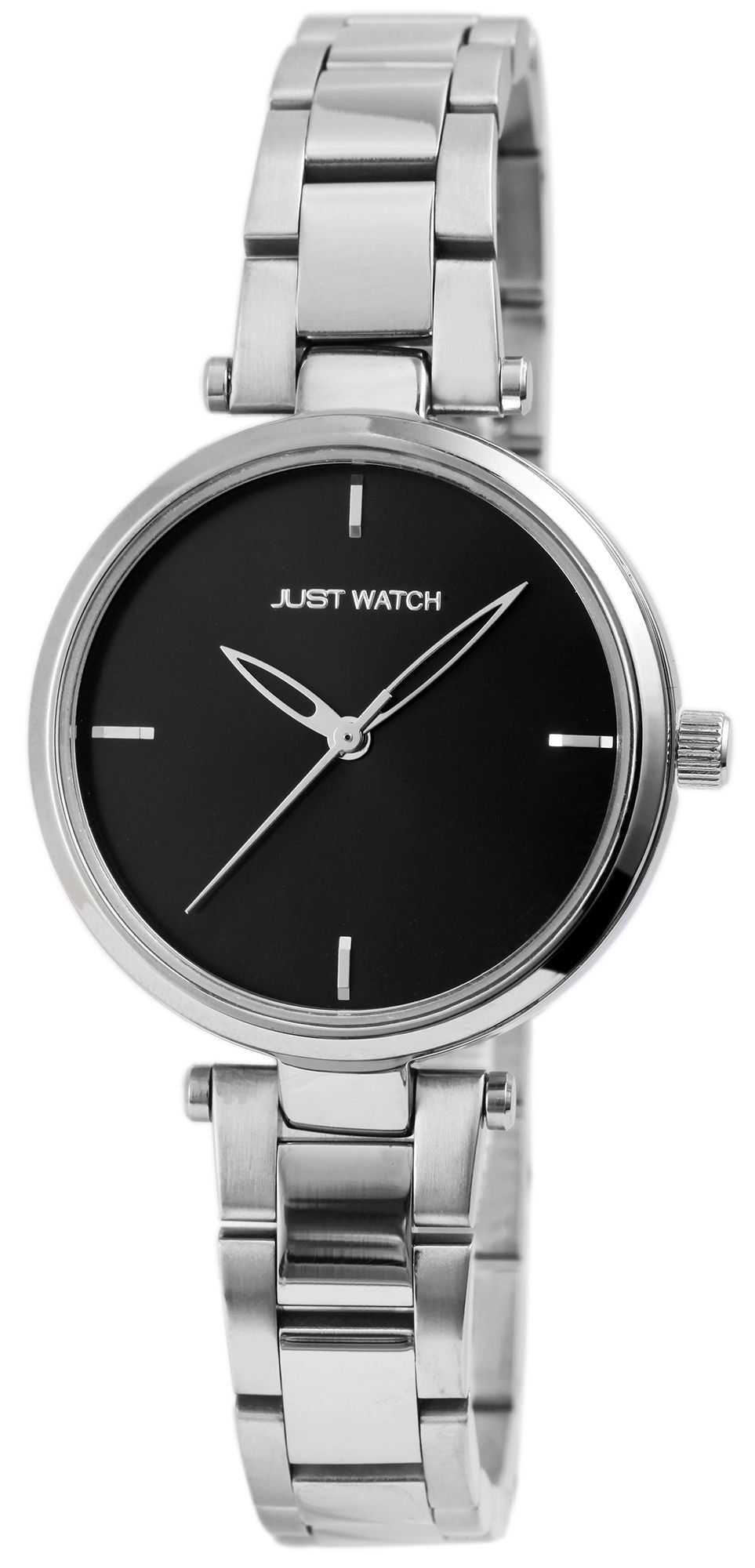 Just Watch Damenuhr | Edelstahl-Gliederarmband | Silber | Schwarzes Zifferblatt | Ø 33 mm
