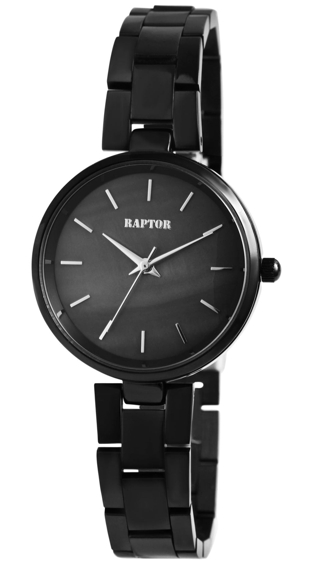 Raptor Damenuhr – Schwarzes Gliederarmband mit Perlmutt-Zifferblatt