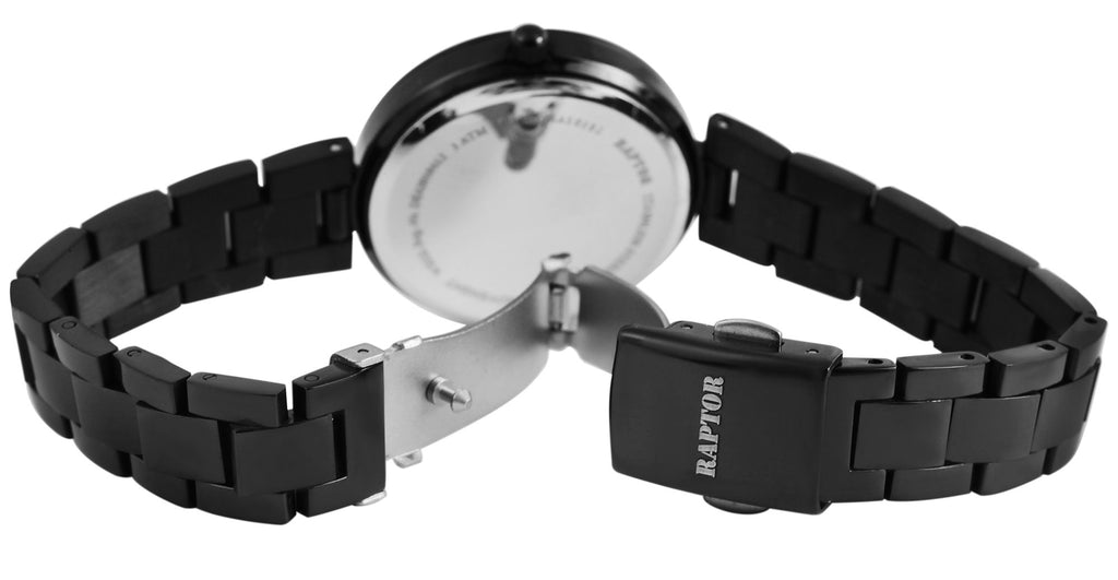 Raptor Damenuhr – Schwarzes Gliederarmband mit Perlmutt-Zifferblatt
