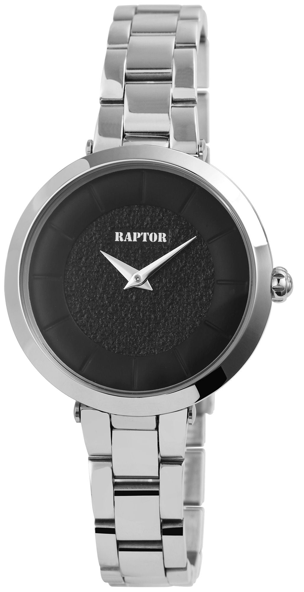 Raptor Damenuhr – Elegantes Silberarmband mit schwarzem Zifferblatt