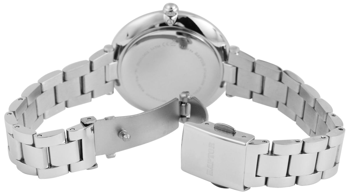 Raptor Damenuhr – Elegantes Silberarmband mit schwarzem Zifferblatt