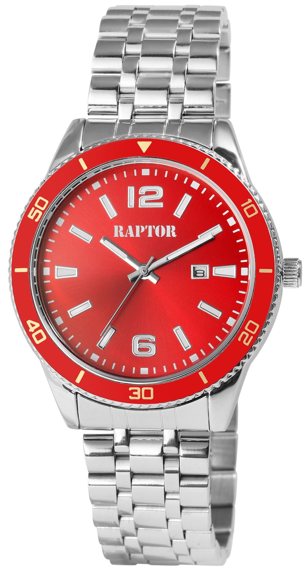 Raptor Herrenarmbanduhr Edelstahl Gliederarmband – Rotes Zifferblatt