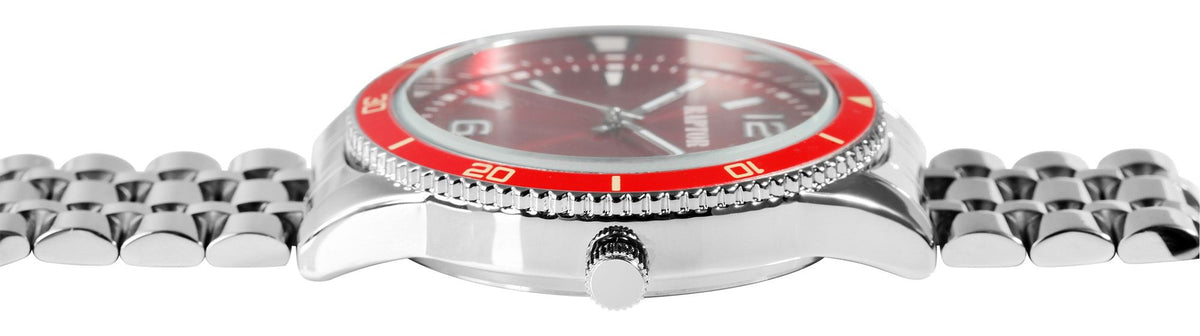 Raptor Herrenarmbanduhr Edelstahl Gliederarmband – Rotes Zifferblatt